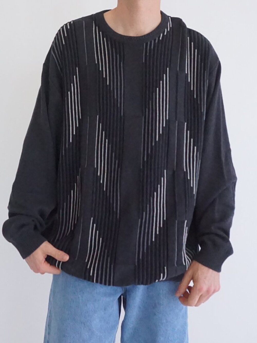 VTG Tosani Black White Vertical Stripe Textured 100% Cotton Preppy Sweater XL/TG